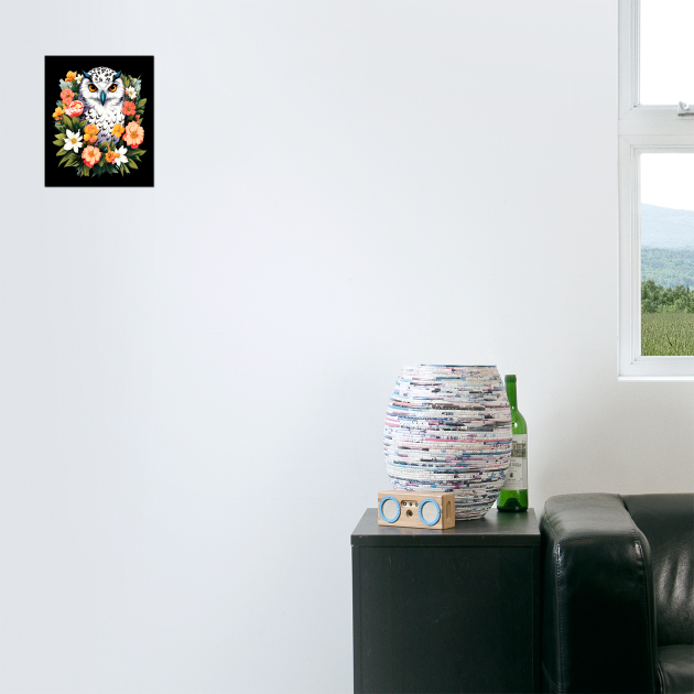 Cute Snowy Owl Surrounded by Bold Vibrant Spring Flowers by BirdsnStuff